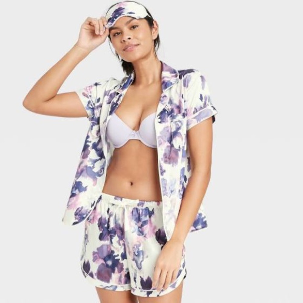 Women's 3pc Floral Print Satin Notch Collar Top